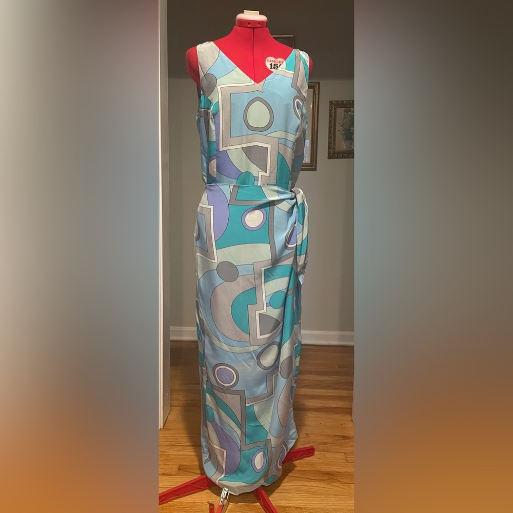 Y2K 90s Spenser Jeremy 100% Silk Mod Printed Faux Wrap Maxi Sun Dress - Picture 3 of 8